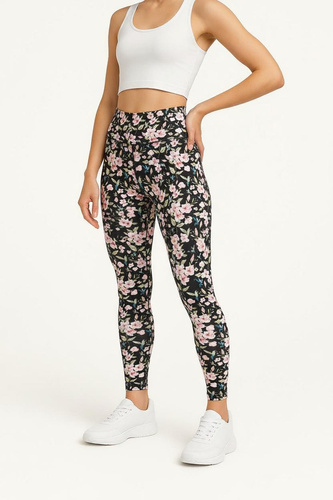 Lange Leggings mit hohem Bund – Kolibris & Blumen