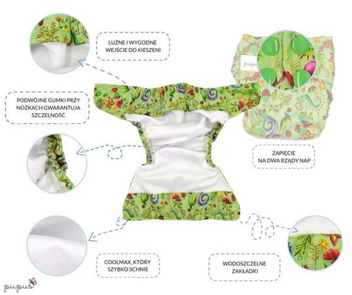 Taschenwindeln, Doppelreihe Druckknöpfe, One Size im Gras