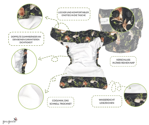 Pocket diaper, double-row snaps, OS, Butterflies